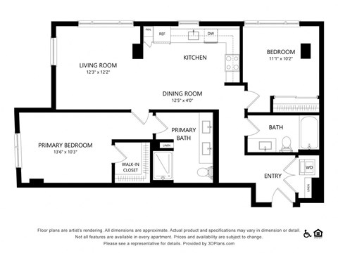 Floor plan for 2 beds, 2 baths, 1023 sqft